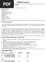 SAMPLE CV Project Control Engr - 18years - XXXX