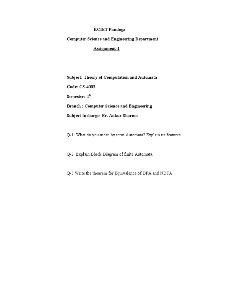 Theory of Computation Assignment 1 | PDF | Formal Methods | Formalism ...