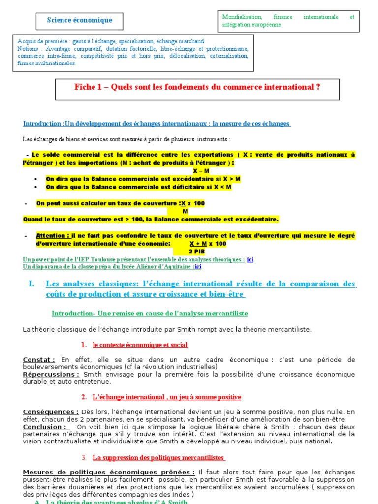Quels Sont Les Fondements Du Commerce International Dissertation Corrigé Fiche 1 - Les Fondements Du Commerce International | PDF | Avantage  comparatif | Adam Smith