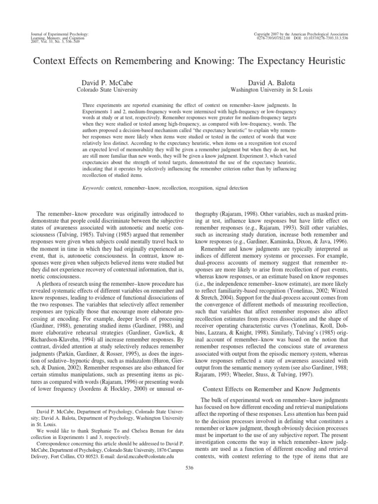 Context Effects On Remembering and Knowing - The Expectancy Heuristic ...