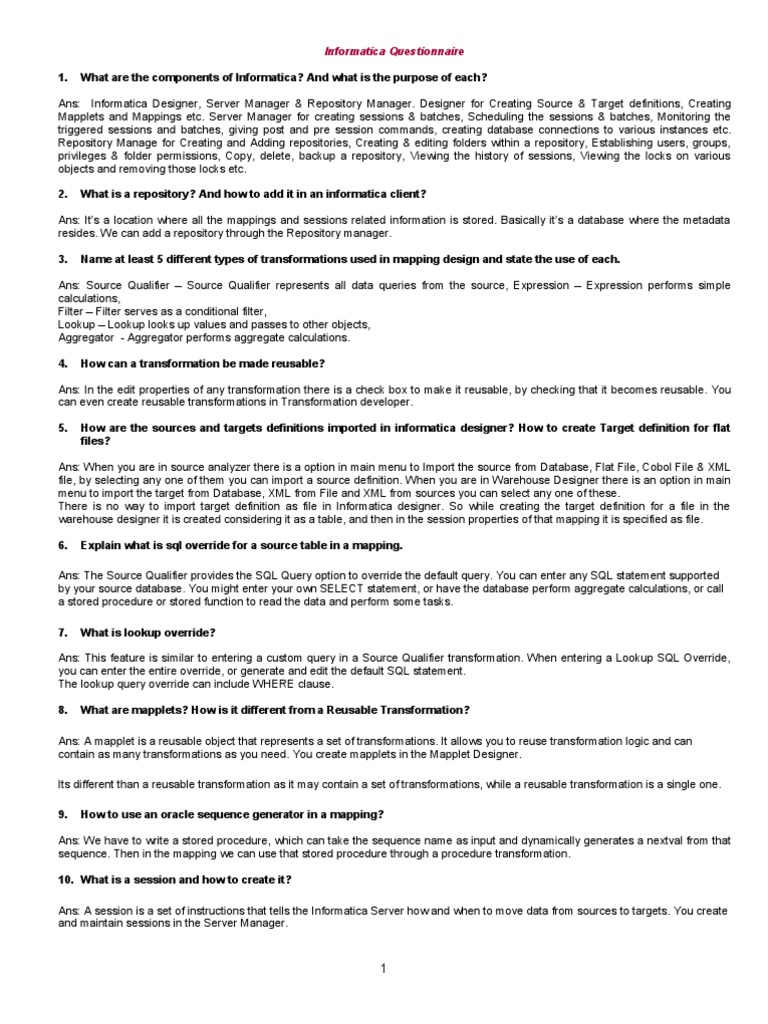 Informatica Questionnaire | PDF | Data Warehouse | Database Index