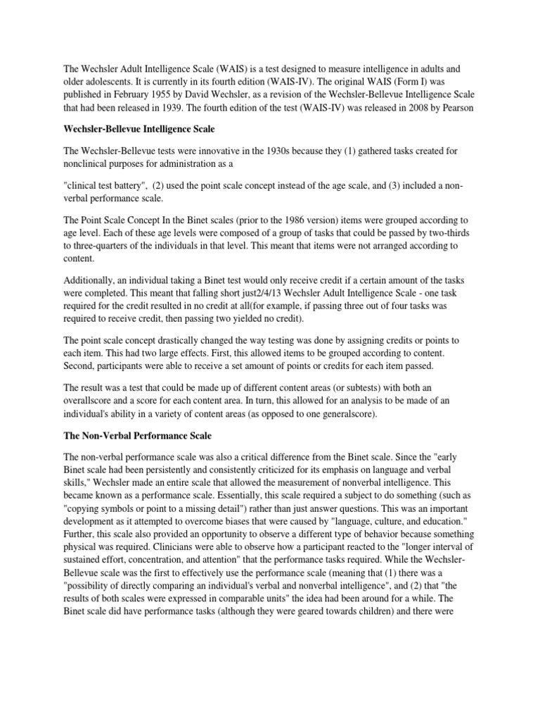 Wechsler Adult Intelligence Scale Overview | PDF | Wechsler Adult ...