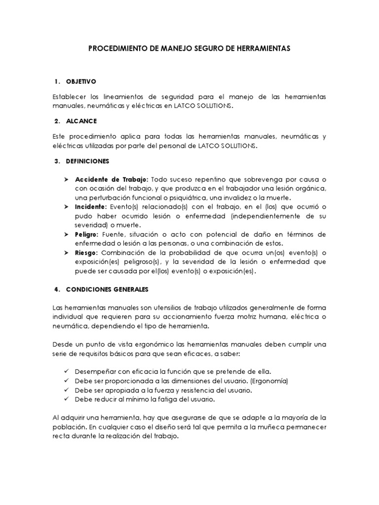 Procedimiento de Manejo Seguro de Herramientas | PDF | Herramientas ...