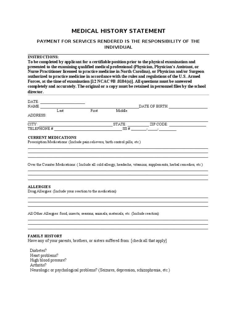 Medical History Statement Form | PDF | Gastrointestinal Tract | Chronic ...