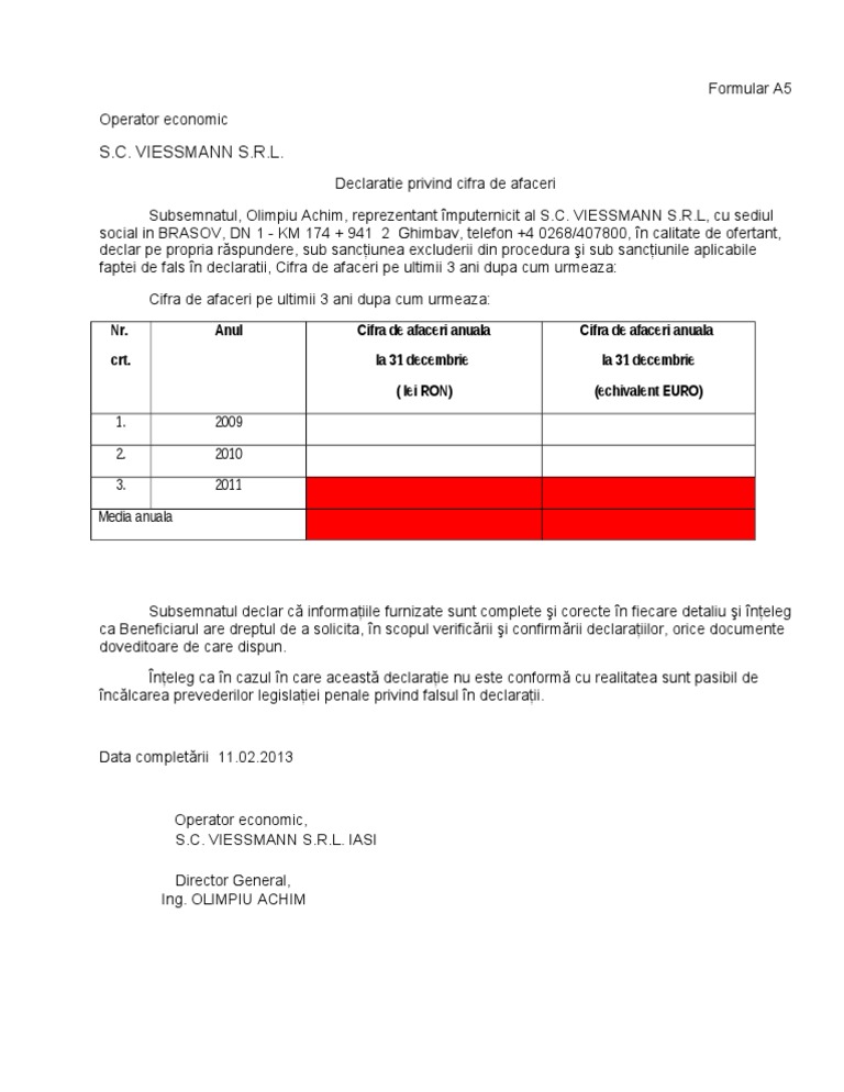 Declaratie Privind Cifra de Afaceri Viessmann