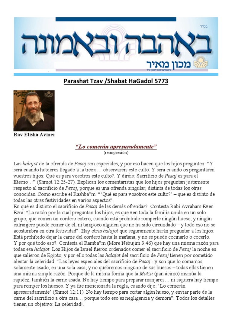 S Parashat Tzav Shabbat HaGadol 5773 | PDF | Pascua | Shabat