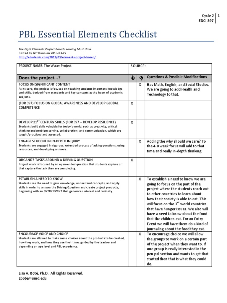 PBL Essential Elements Checklist: Does The Project ? | PDF | Cognition ...