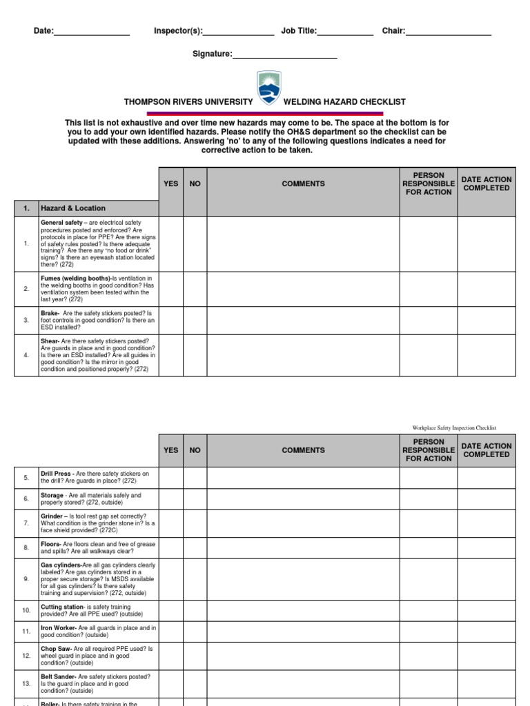 Welding Checklist 9195 | PDF | Personal Protective Equipment | Safety