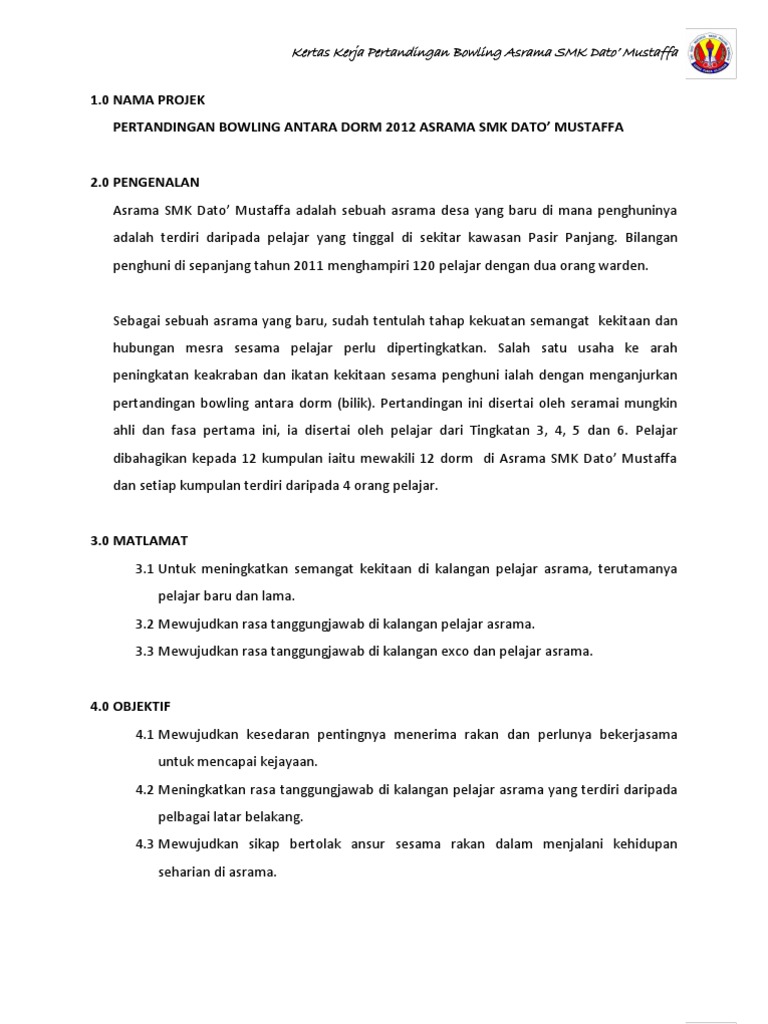 Kertas Kerja Pertandingan Bowling Asrama