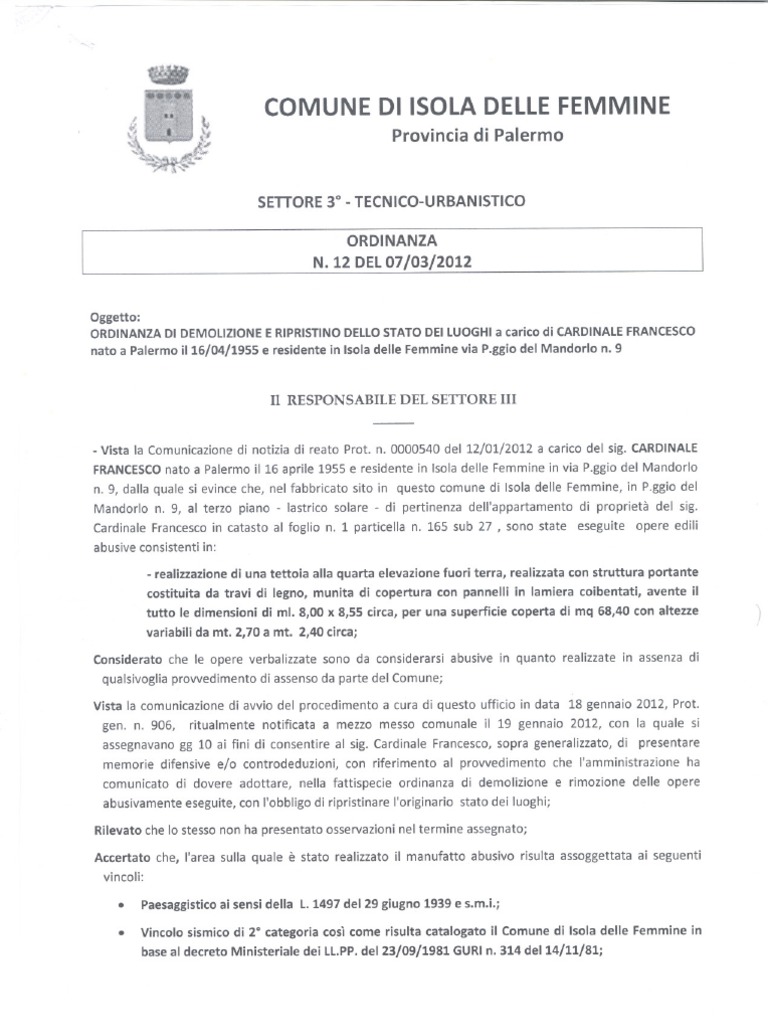 Ordinanza Di Ripristino Dello Stato Dei Luoghi Cardinale Francesco