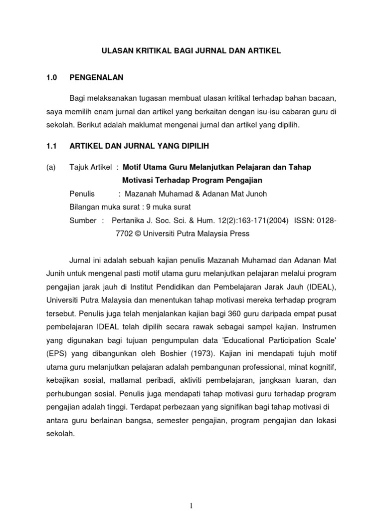 Tugasan Ulasan Kritikal Jurnal Dan Artikel