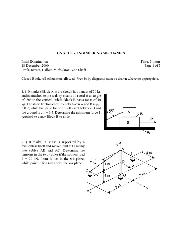 GNG 1105 Final Exam 2000 | PDF | Friction | Force