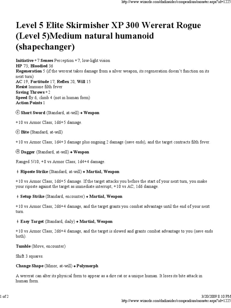 Wererat Rogue Stat Block 5E | PDF | Werewolves | Leisure