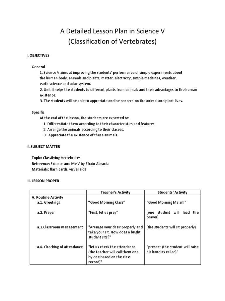 Example of a Detailed Lesson Plan | Amphibian | Reptile