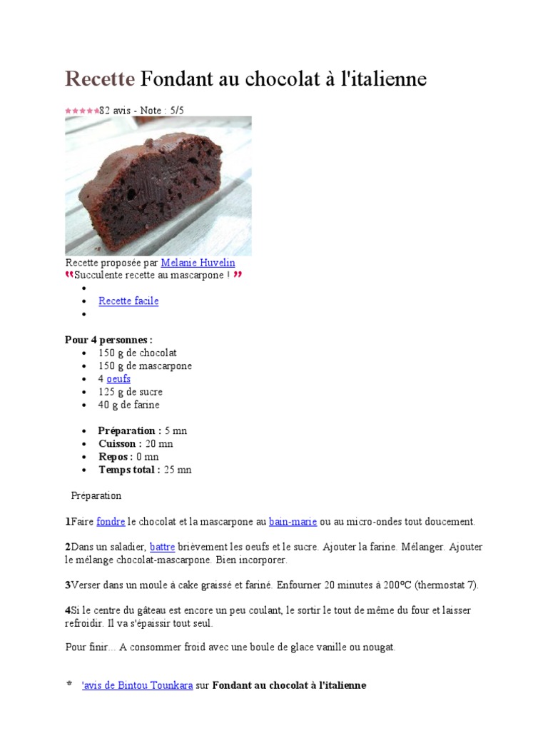 Recette Fondant Au Chocolat A L Creme Fouettee Chocolat