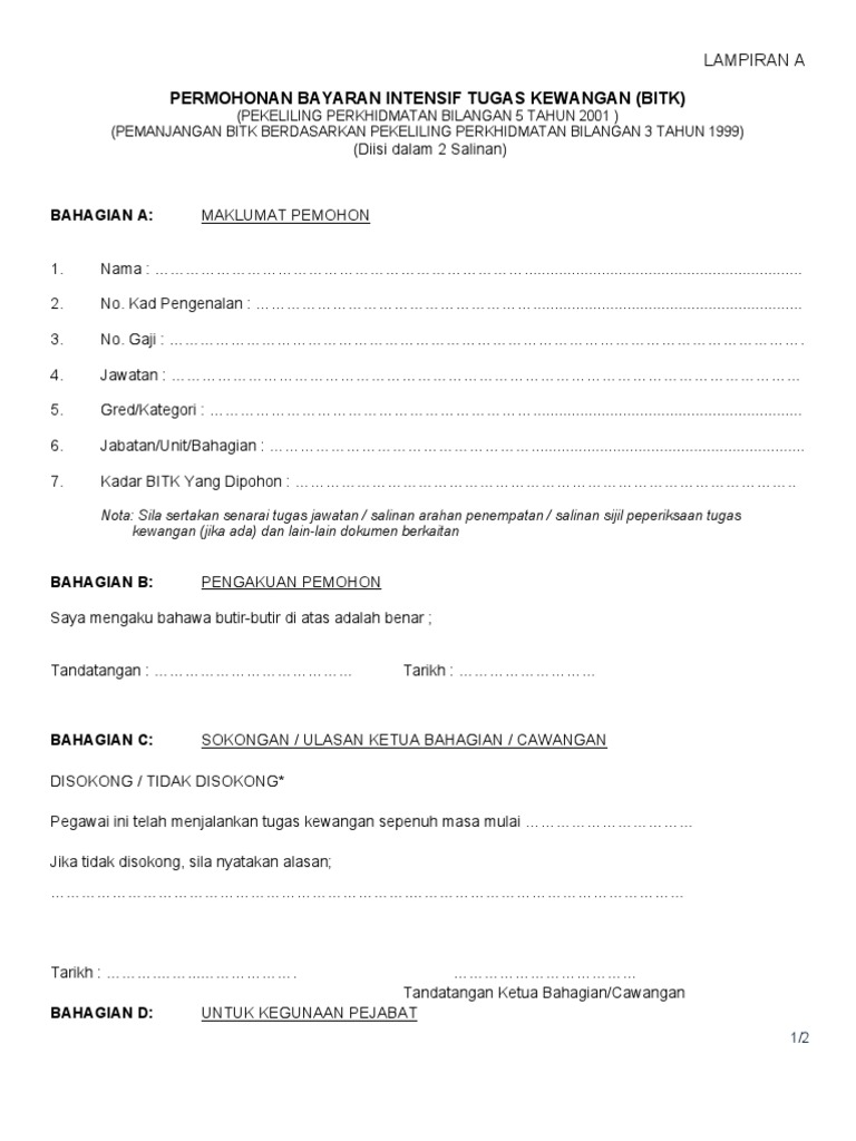 18 Borang Permohonan Bayaran Intensif Tugas Kewangan Bitk Pdf