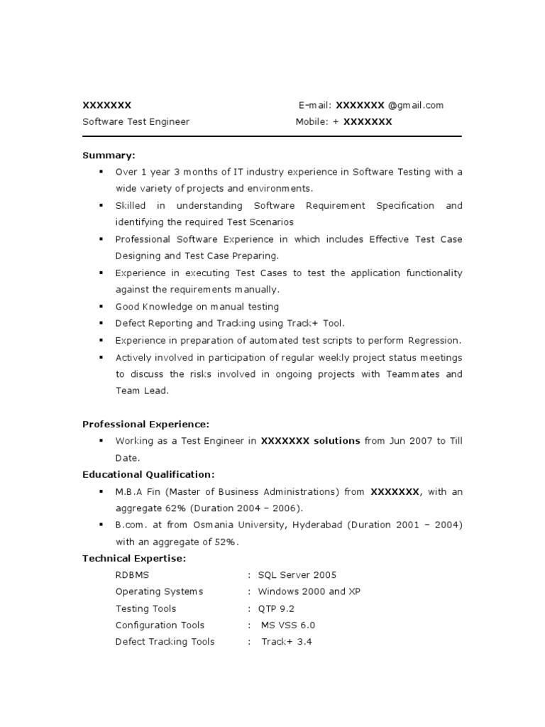1 Year Software Test Engineer Resume | PDF | Software Testing | Insurance