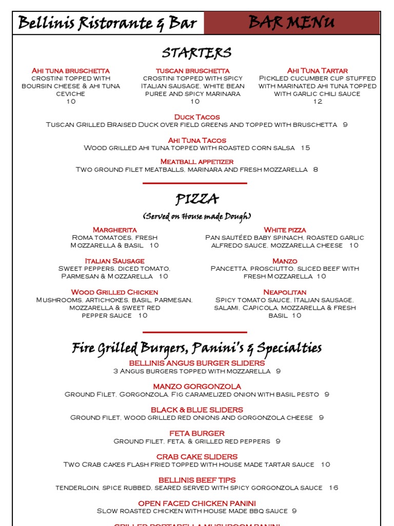 Bellinis Menu: Starters & Pizzas | PDF