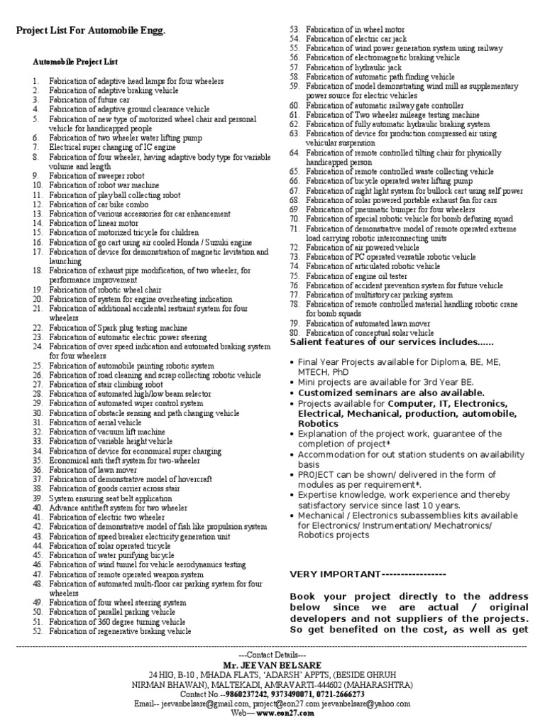 Automobile Project List | PDF | Vehicles | Semiconductor Device Fabrication