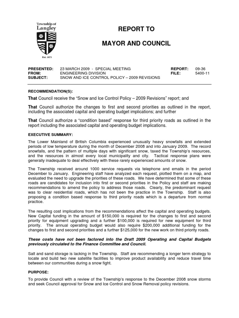 S 15-Snow and Ice Control Policy - 2009 Revisions | PDF | Snow | Road