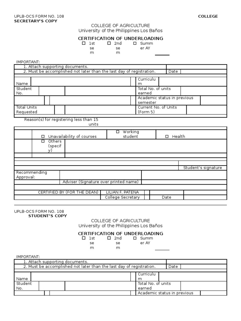 UPLB Underloading Certification Form | PDF