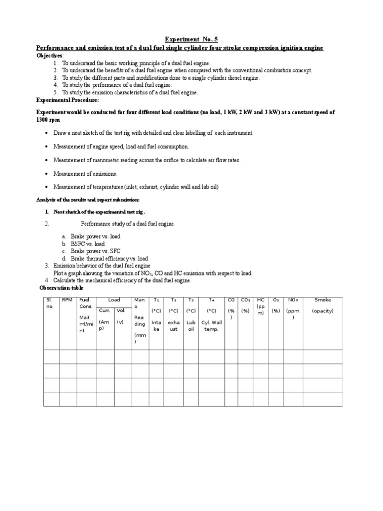 Dual Fuel Engine Performance & Emissions Test | PDF