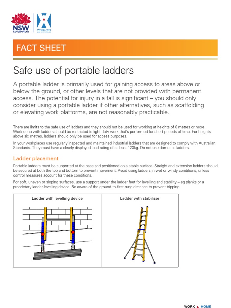Safe Use Portable Ladders Fact Sheet 3443 PDF | PDF | Ladder | Scaffolding