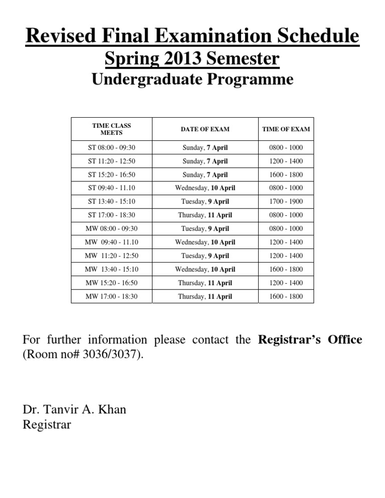 Revised Final Examination Schedule: Spring 2013 Semester | PDF | Wellness