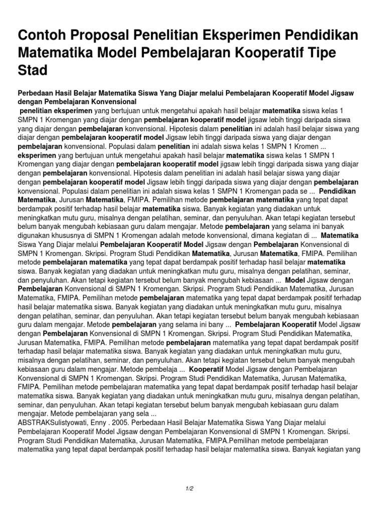 Contoh Proposal Penelitian Eksperimen Pendidikan Matematika Model Pembelajaran Kooperatif Tipe Stad