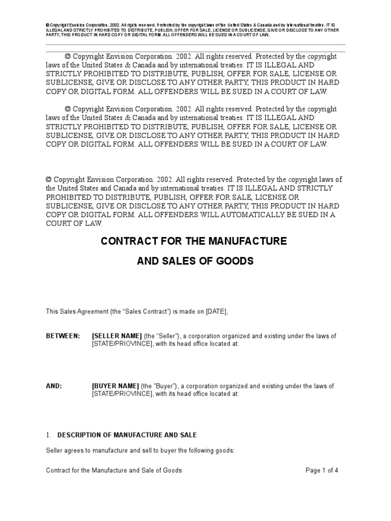 Contract for the Manufacture and Sale of Goods Copyright Copyright