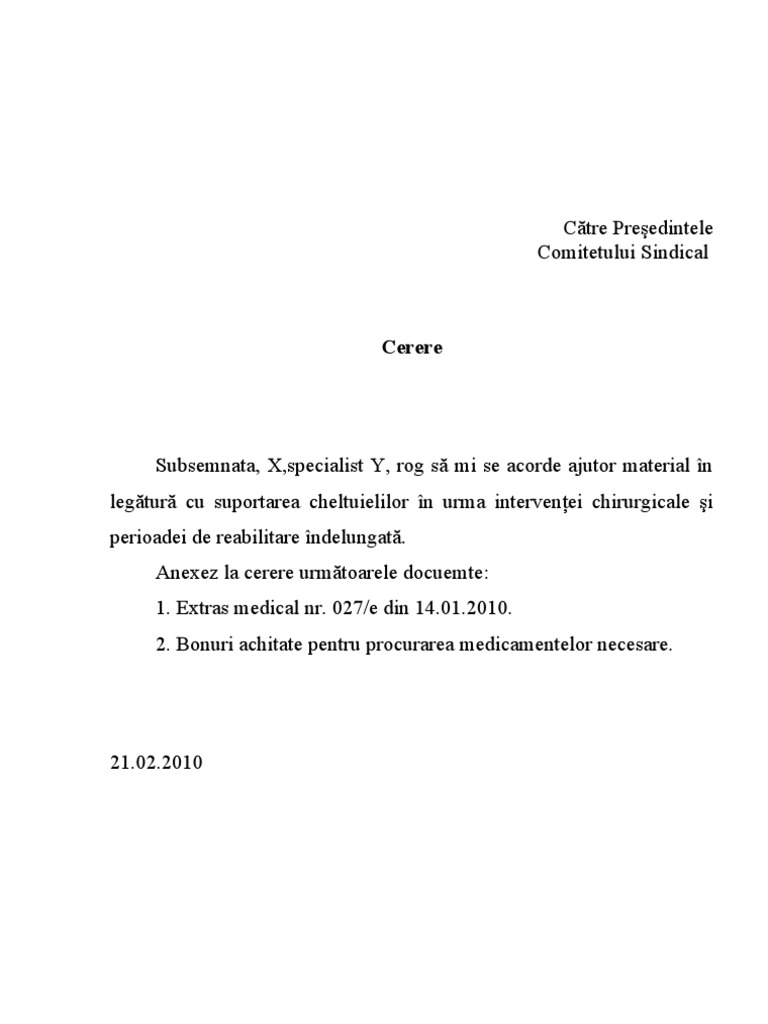 Model Cerere Ajutor Material