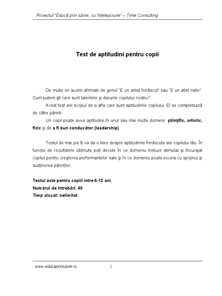 Test de Aptitudini Copii 6 12 Ani | PDF