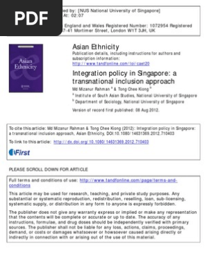 Immigrant Integration Policy In Singapore Transnational Inclusion