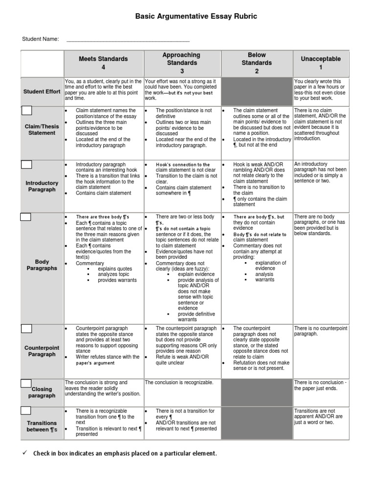 Basic Argumentative Essay Rubric | PDF | Essays | Paragraph