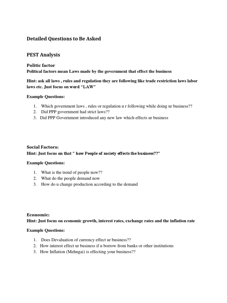 PEST Analysis: Key Questions Guide | PDF