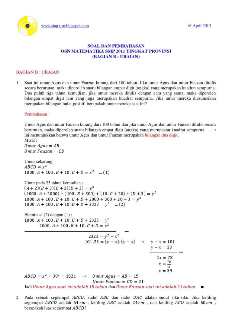 Soal Dan Pembahasan Osn Matematika 2011 Bagian B Uraian Tingkat