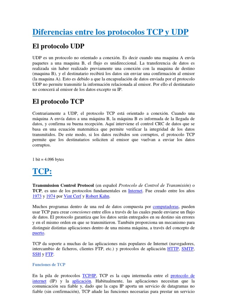 Comparativa TCP y UDP: Diferencias Clave | PDF | Protocolo de Control ...