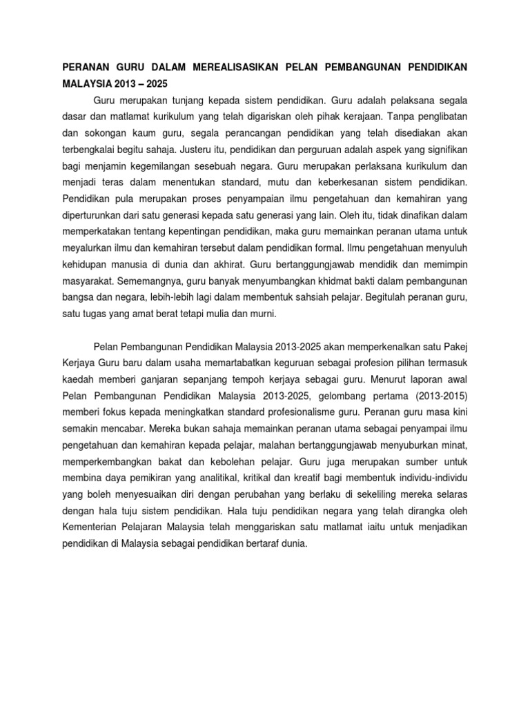 Peranan Guru Dalam Merealisasikan Pelan Pembangunan Pendidikan Malaysia 2013 Pdf