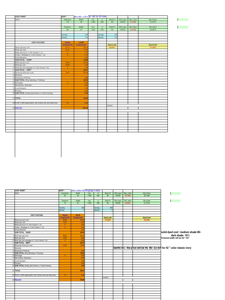 Cost Sheet for Woven Fabric Weaving Loom