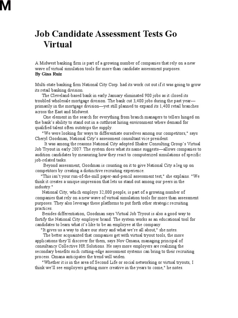 Virtual Job Tryout Enhances Hiring | PDF | National City Corp. | Simulation