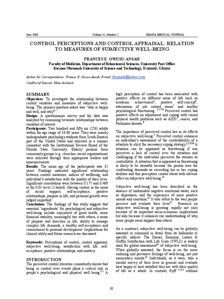 Control Perception Final | PDF | Well Being | Social Support