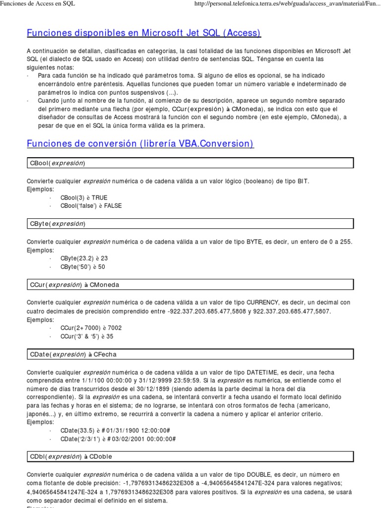 Funciones de Access en SQL | PDF | SQL | Función (Matemáticas)