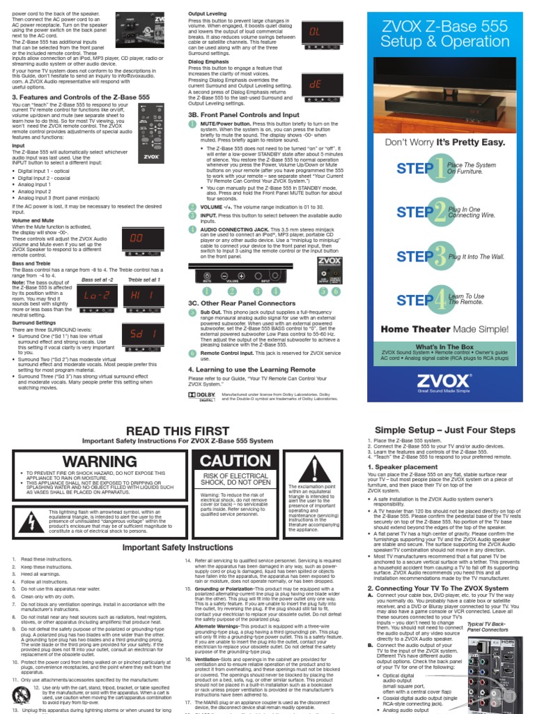 ZVOX ZBase 555 Manuals PDF Electrical Connector Ac Power Plugs