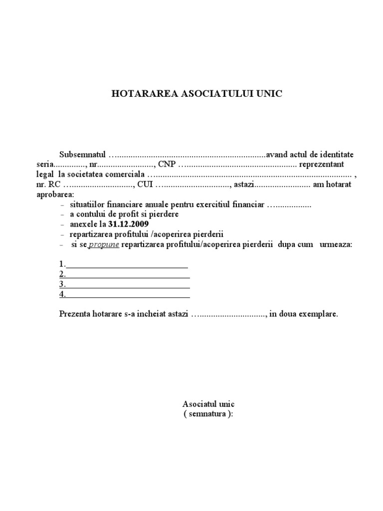 Hotarare Asociat Unic Bilant