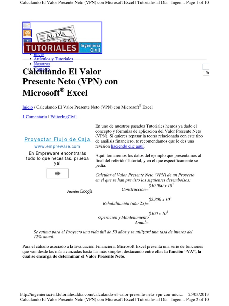 Calculando El Valor Presente Neto VPN Con Microsoft Excel Valor 