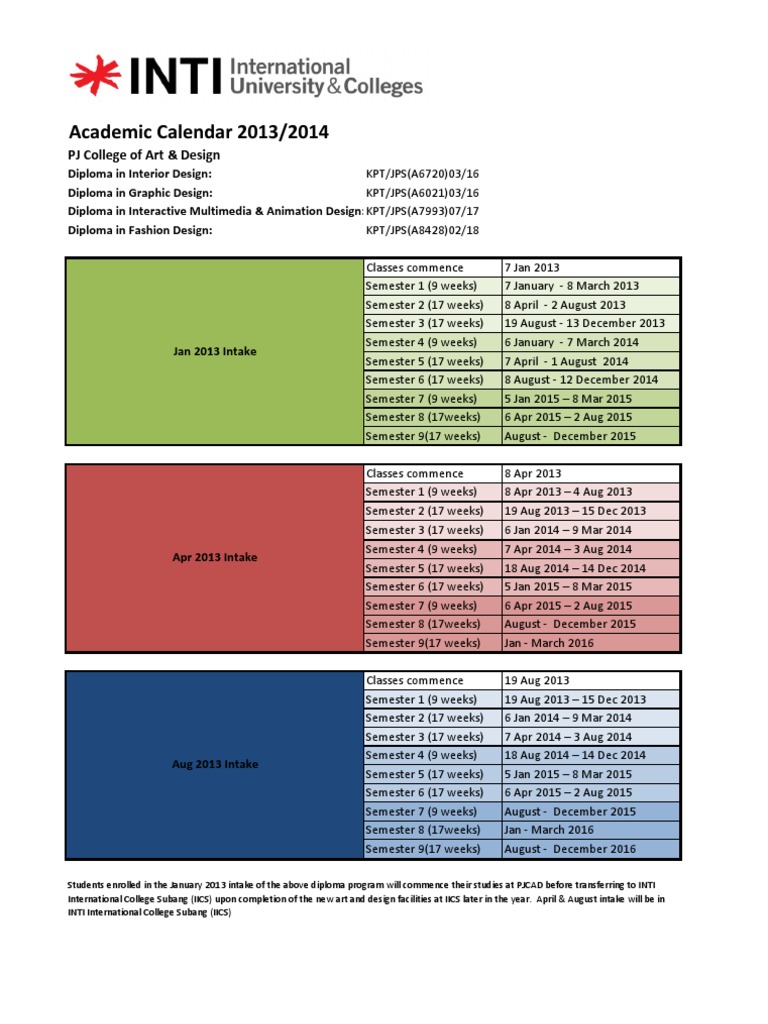 PJ College of Art & Design Academic Calendar 2013/2014 | PDF