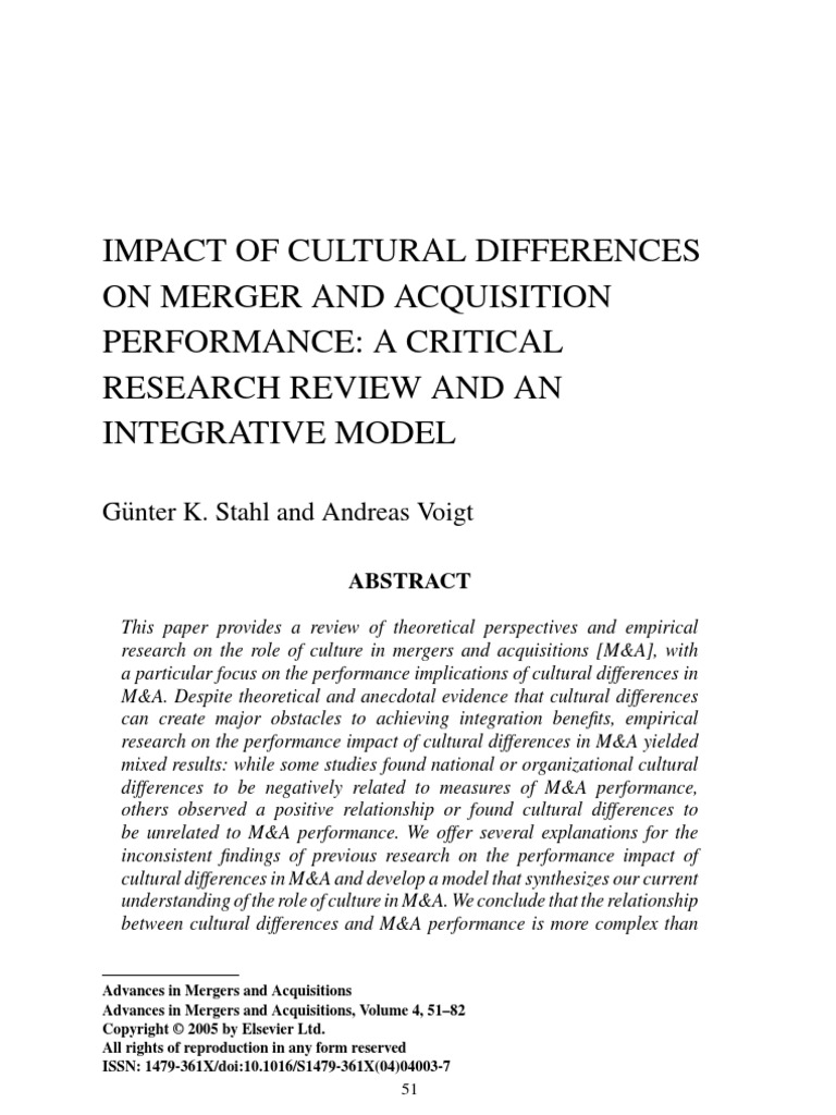Impact of Cultural Differences On Merger and Acquisition Performance ...