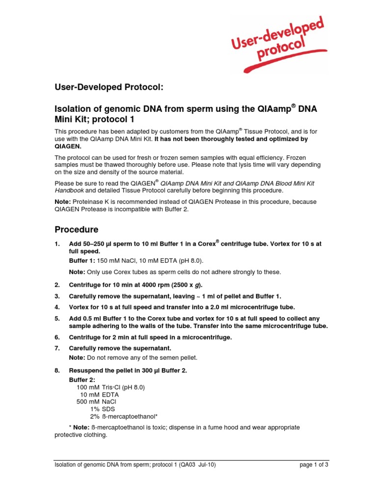 Isolation of Genomic DNA From Sperm Using The QIAamp® DNA Mini Kit