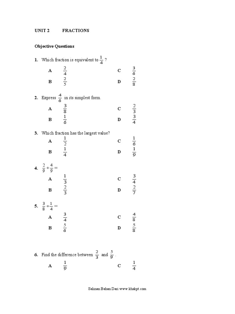 Objective & Subjective Fraction Questions | PDF