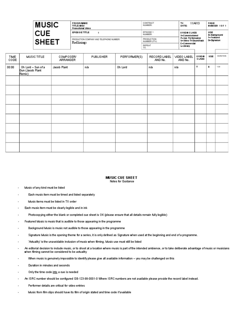 Music Cue Sheet Guidelines | PDF